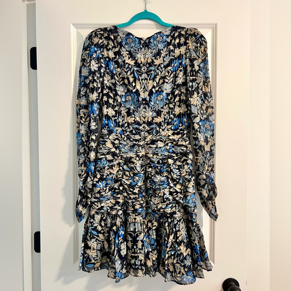 Monique Lhuillier Blue and Beige Metallic Floral Ruched Long-Sleeve Dress - Picture 7 of 8